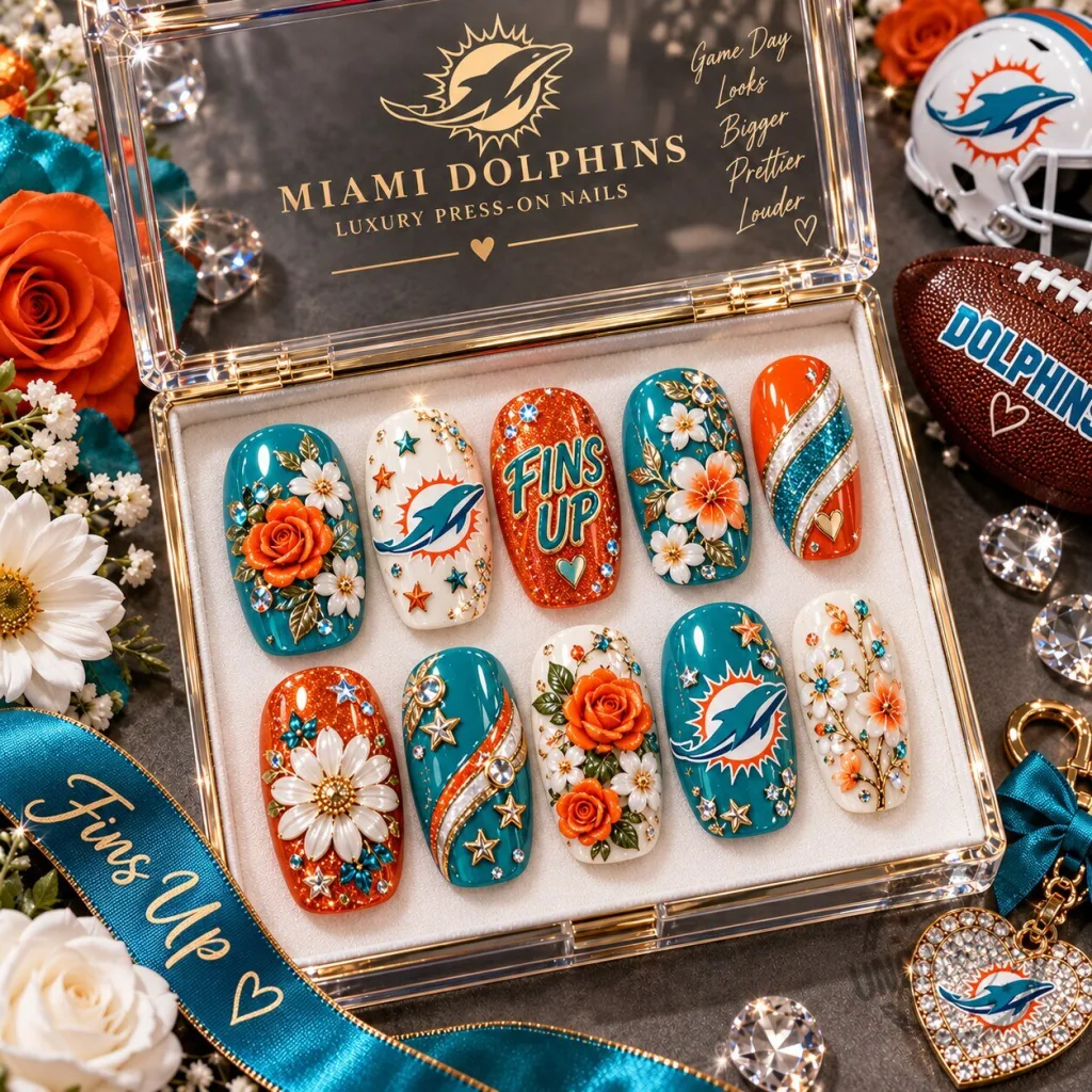 Miami Dolphins Football Floral Glam Press-On Nails Set Miami Dolphins Football Floral Glam Press-On Nails Set