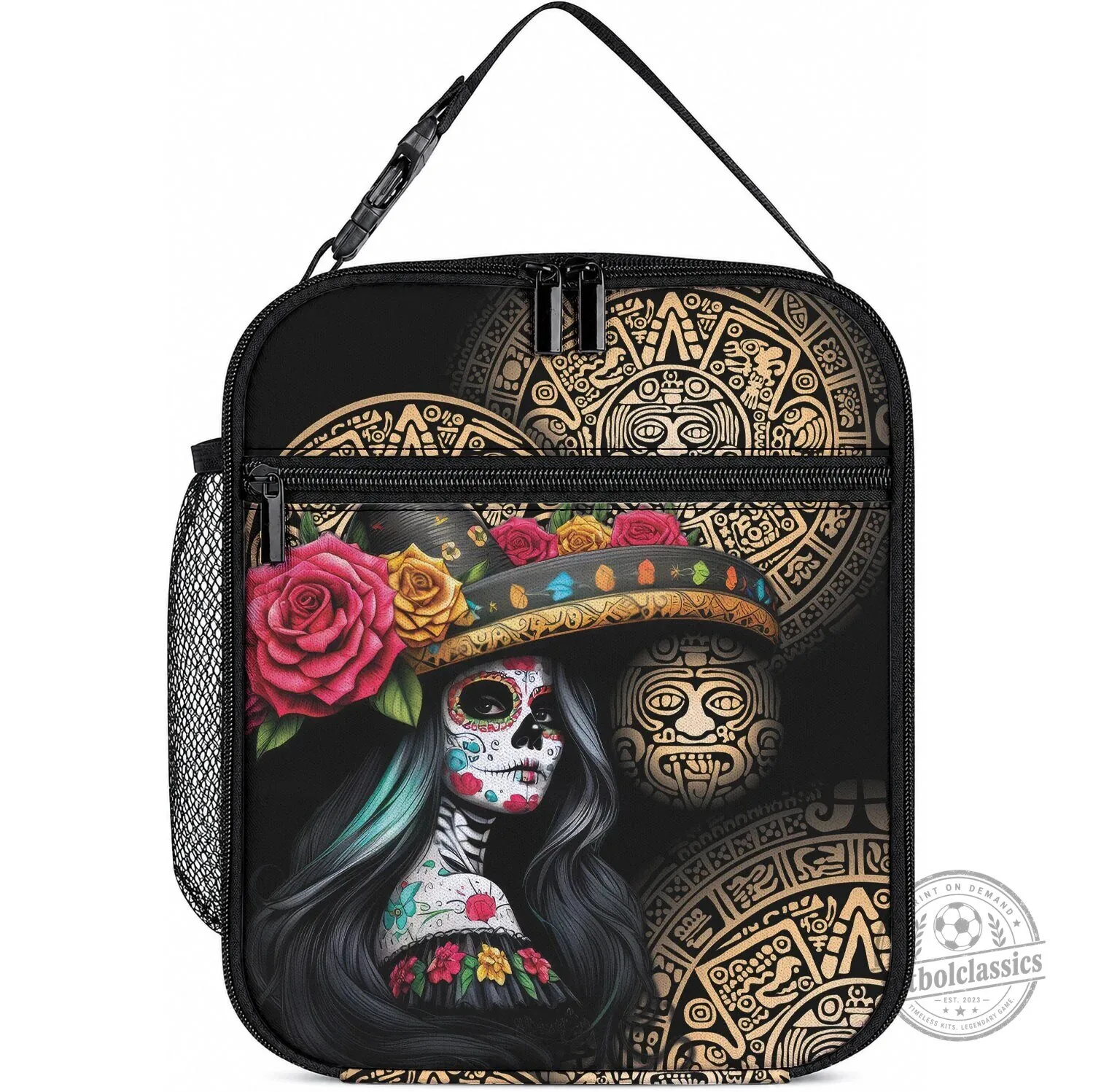 La Calavera Catrina Day of the Dead Aztec Circle Insulated Lunch Bag