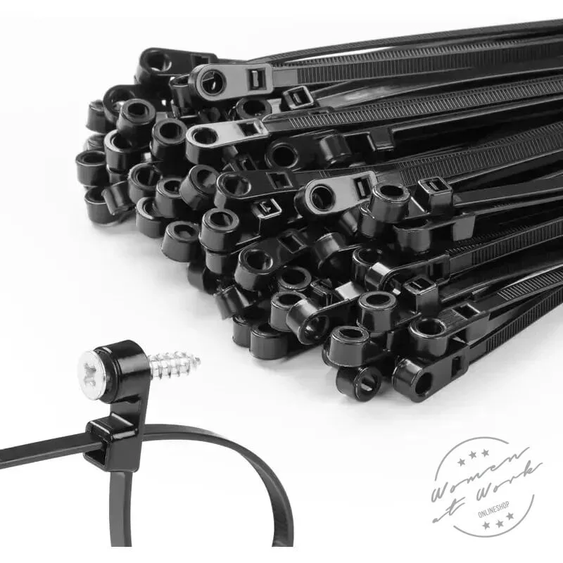 Heavy-Duty Black Nylon Cable Ties with Screw Mount Holes, 100-Pack Zip Ties