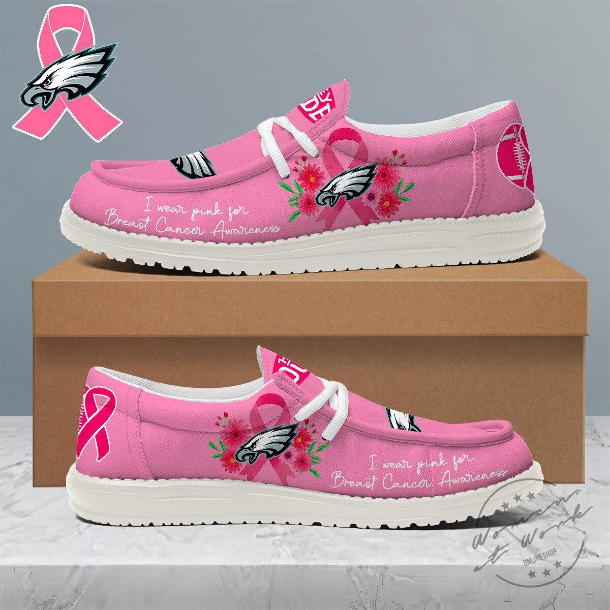 Philadelphia Eagles Breast Cancer Awareness Pink Floral Loafer Shoes for Women