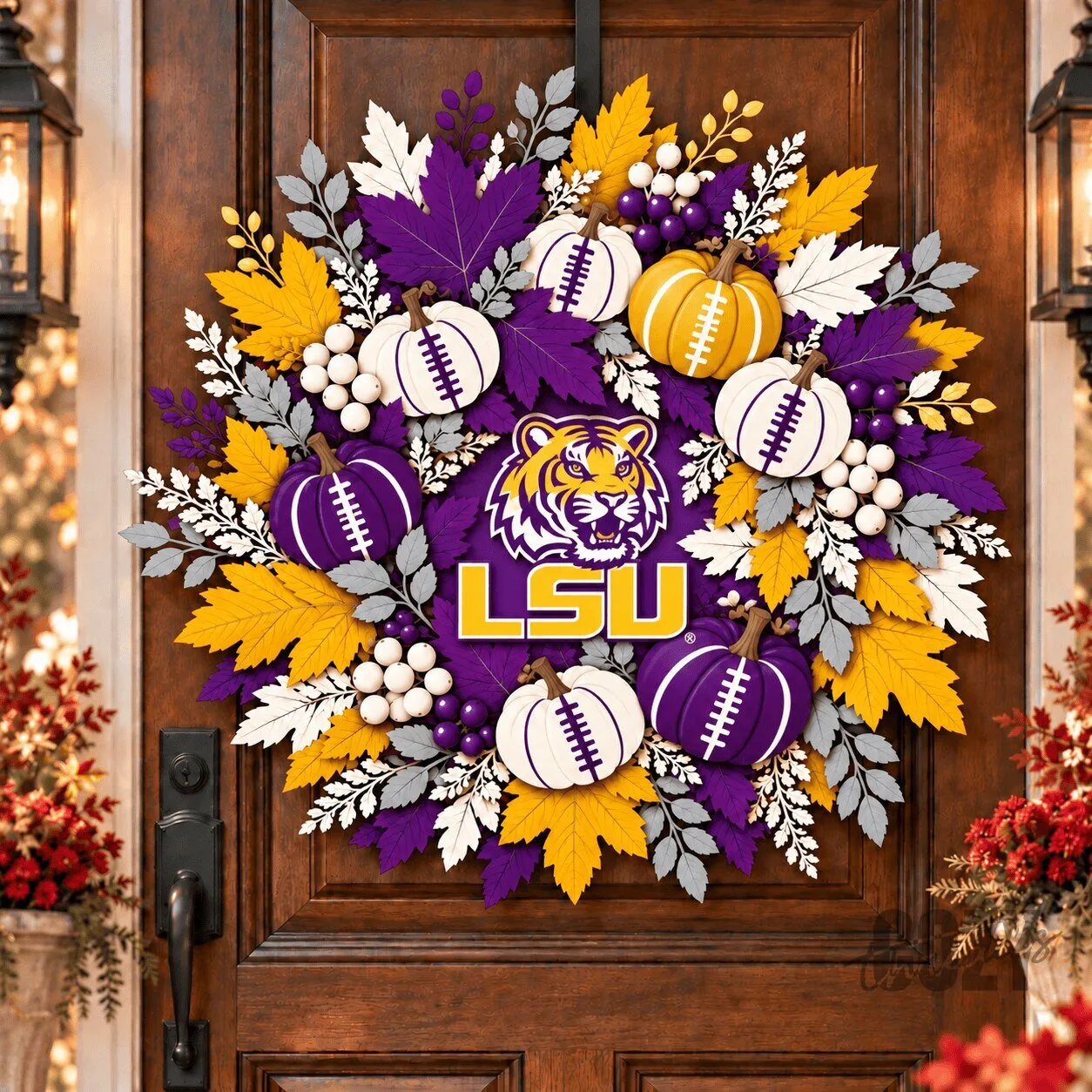 LSU Football Fall Wreath with Pumpkins and Maple Leaves