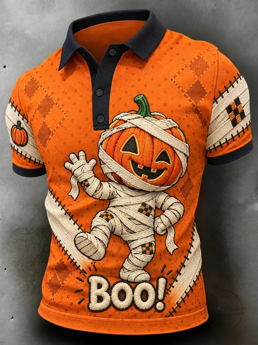 Halloween Pumpkin Mummy Boo Pattern Men's Short Sleeve Polo Shirt