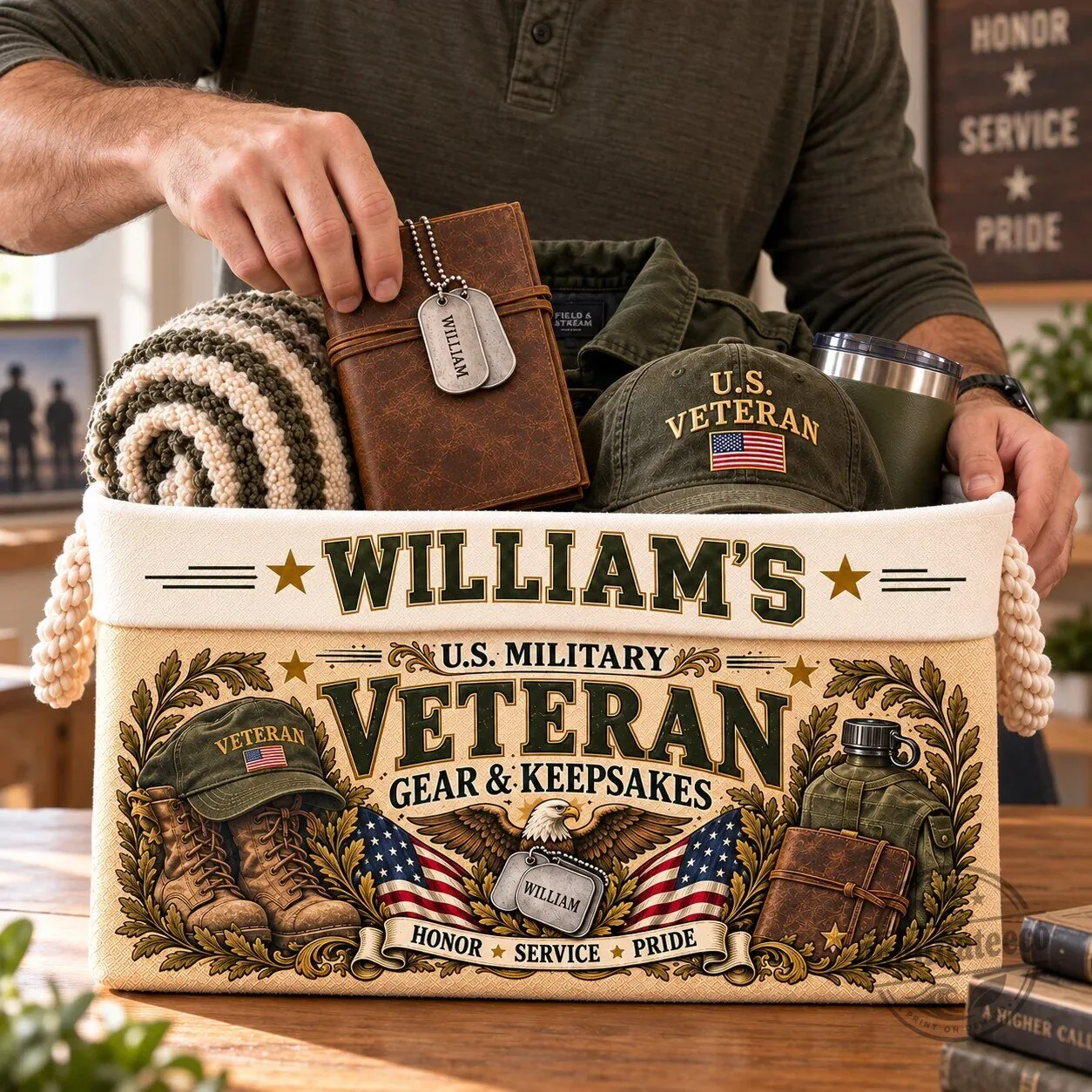 Personalized US Military Veteran Gear and Keepsakes Storage Basket