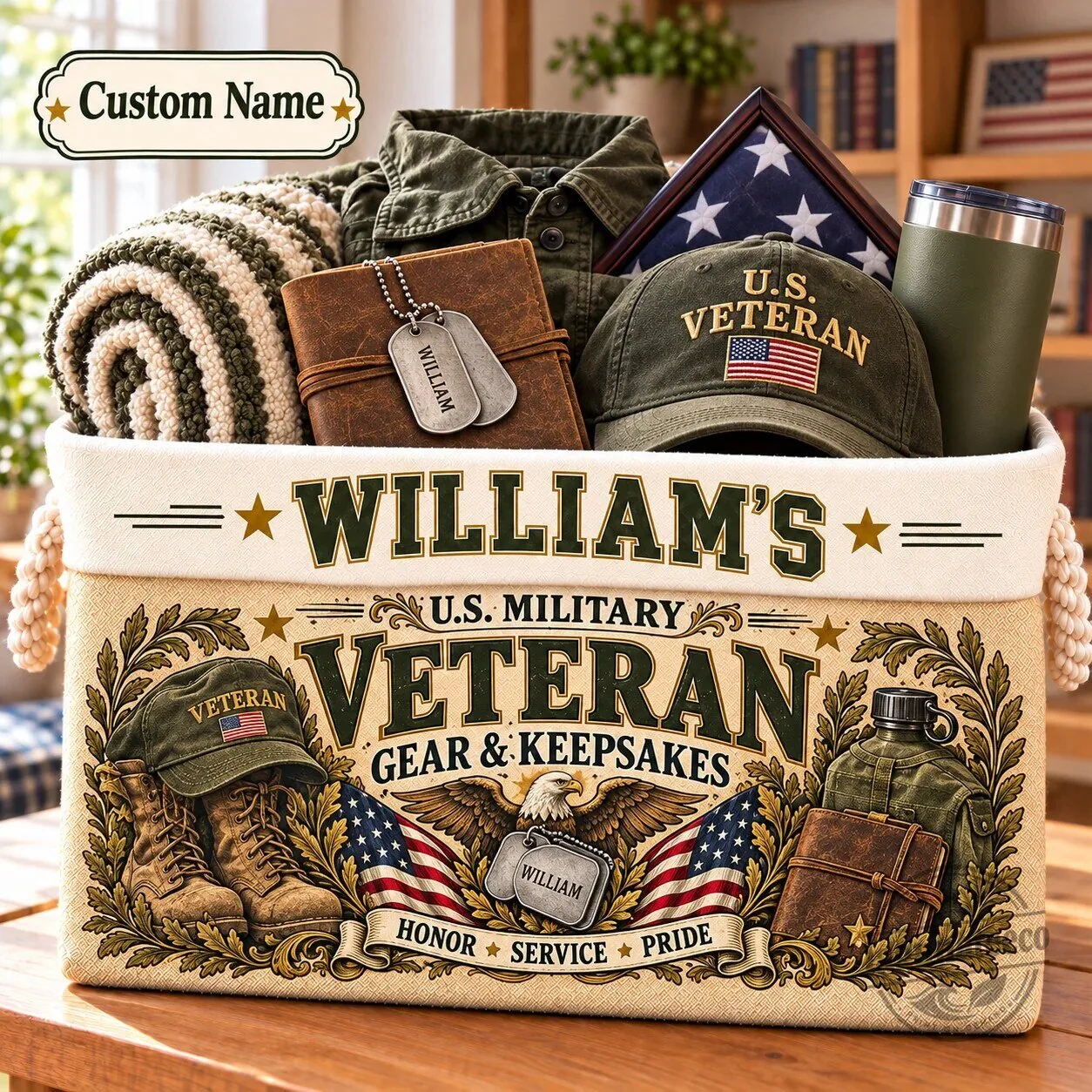 Personalized US Military Veteran Gear and Keepsakes Storage Basket 6 Personalized US Military Veteran Gear and Keepsakes Storage Basket
