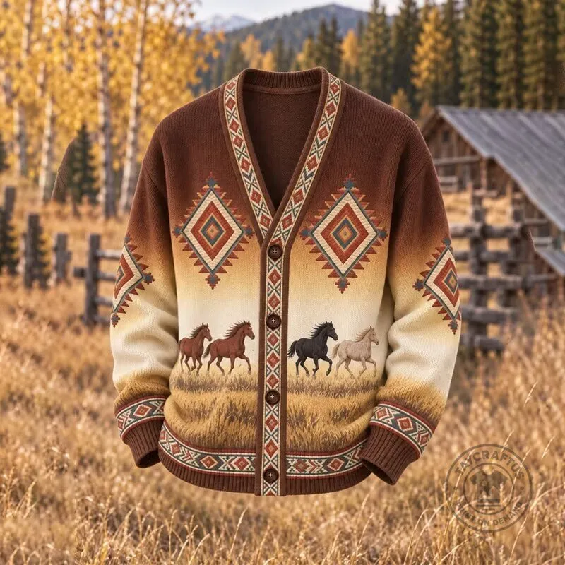 Western Horses Native American Pattern Cardigan Sweater for Men