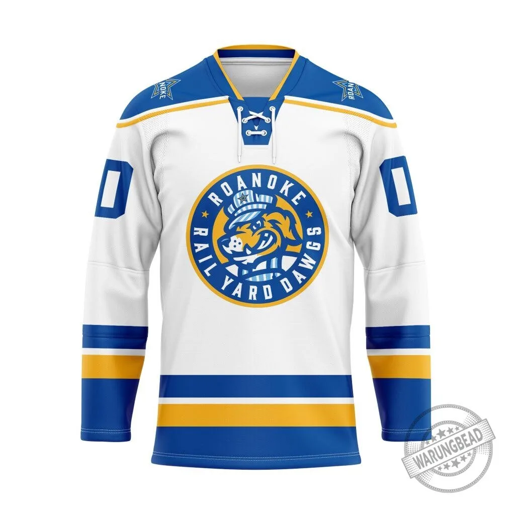 Roanoke Rail Yard Dawgs Personalized White and Blue Hockey Jersey