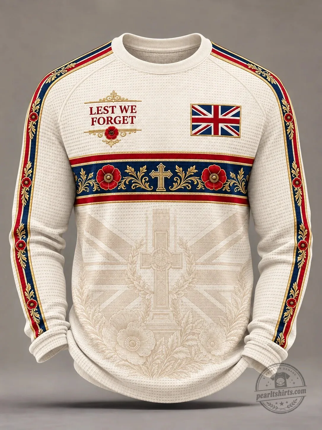 Remembrance Day Lest We Forget United Kingdom Flag Waffle Knit Sweatshirt