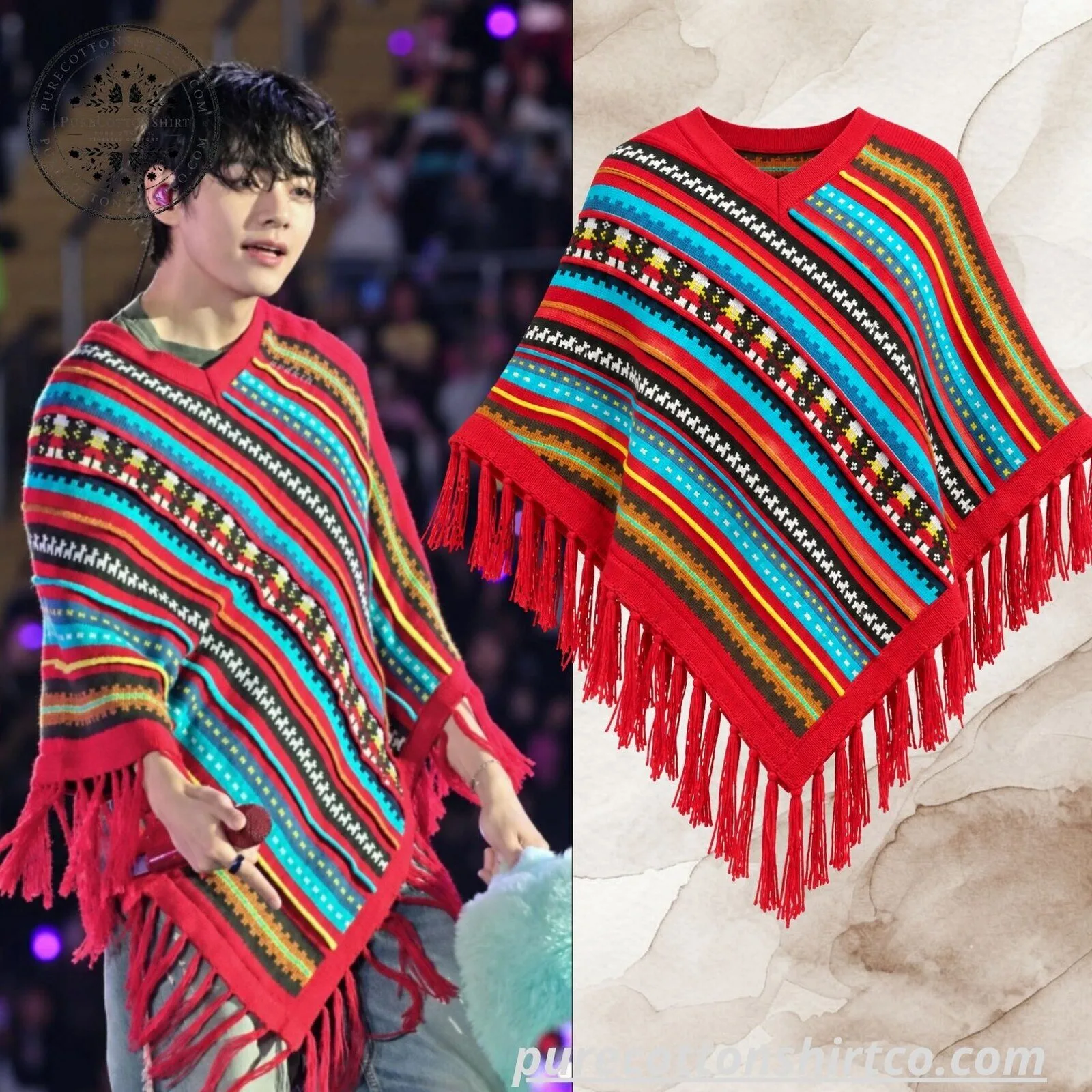 BTS V Red Patterned Poncho - BTS WORLD TOUR 'ARIRANG' IN LIMA