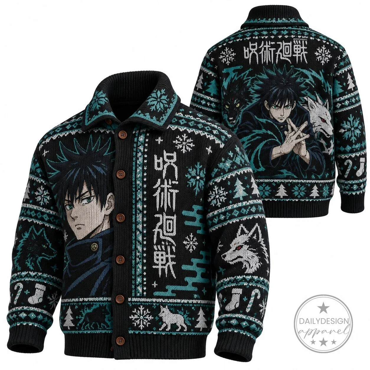 Anime Christmas Cardigan Sweater featuring Megumi Fushiguro from Jujutsu Kaisen