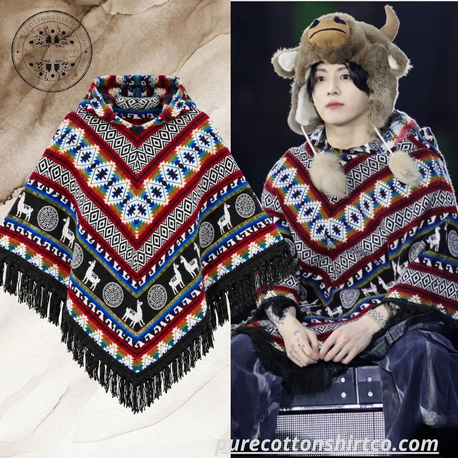 BTS Jungkook Black Patterned Hooded Poncho - BTS WORLD TOUR 'ARIRANG' IN LIMA