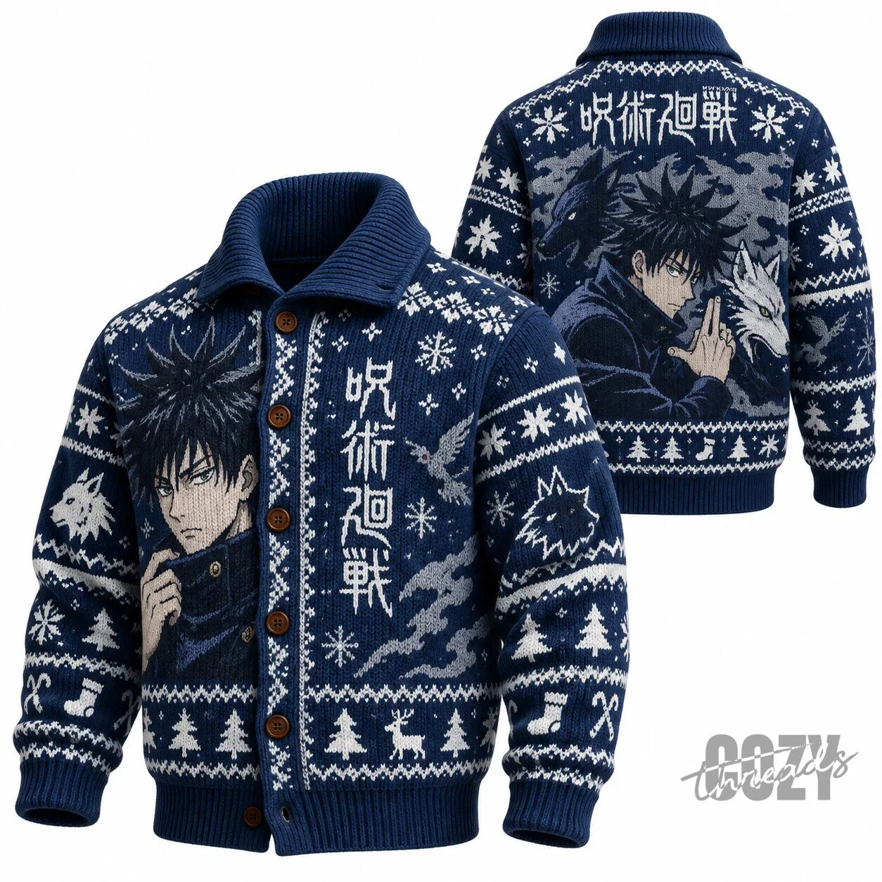Anime Ugly Christmas Cardigan Sweater featuring Megumi Fushiguro from Jujutsu Kaisen