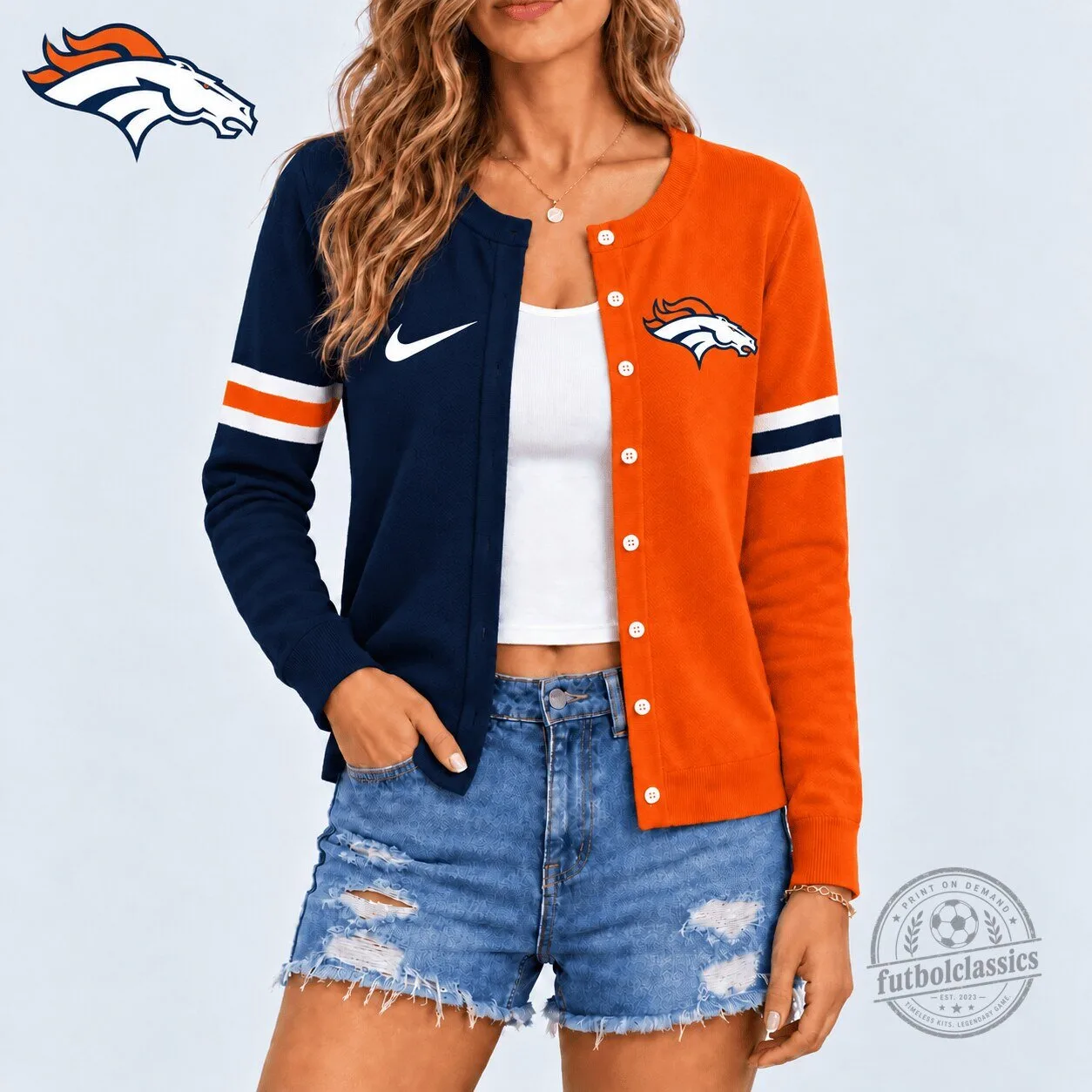 Denver Broncos Two-Tone Orange and Navy Blue Striped Cardigan Sweater