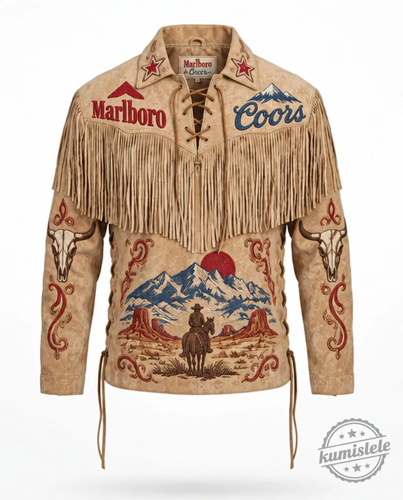 Marlboro Coors Western Cowboy Fringe Suede Leather Jacket with Laces