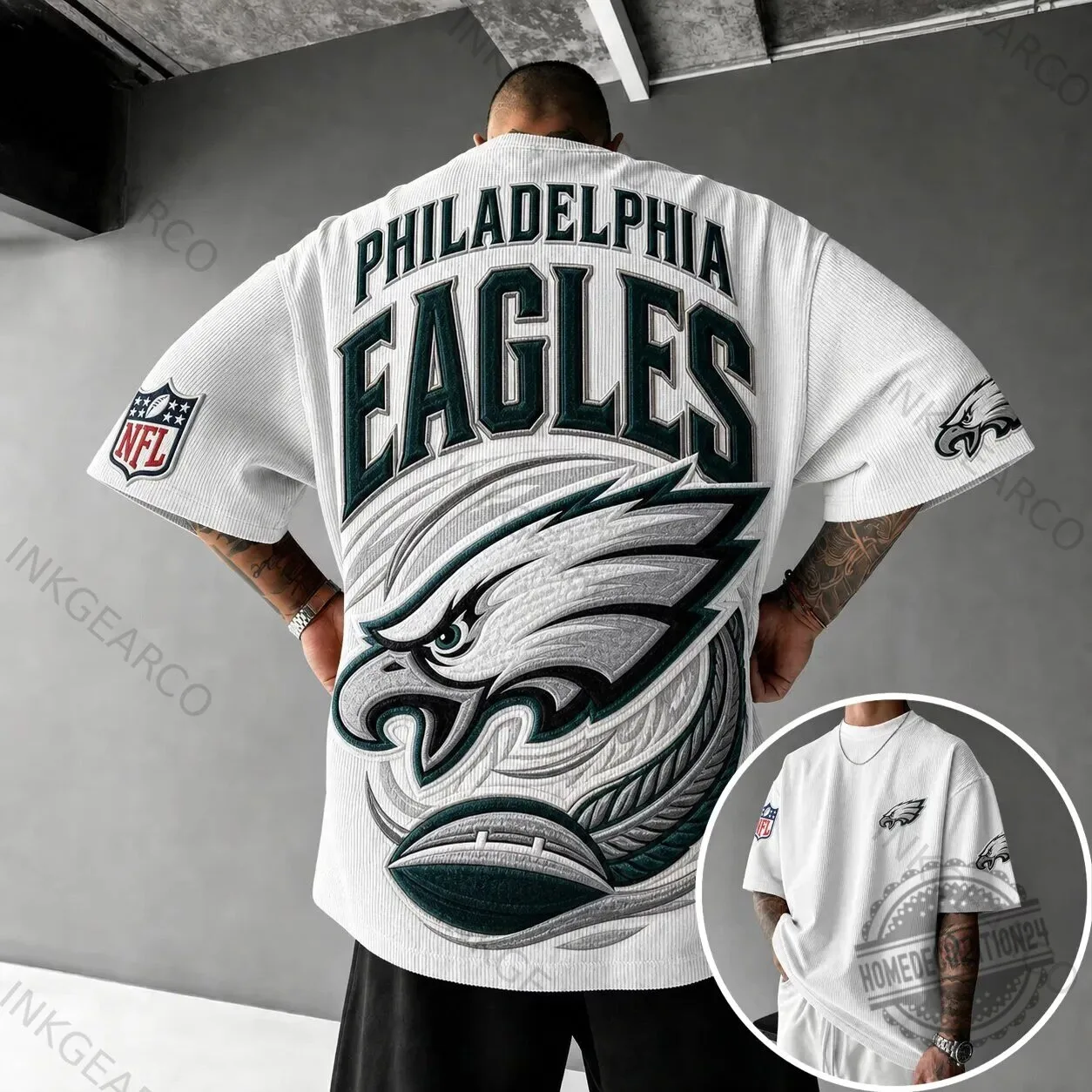 Philadelphia Eagles NFL Football Team Logo White Striped Oversized T-Shirt