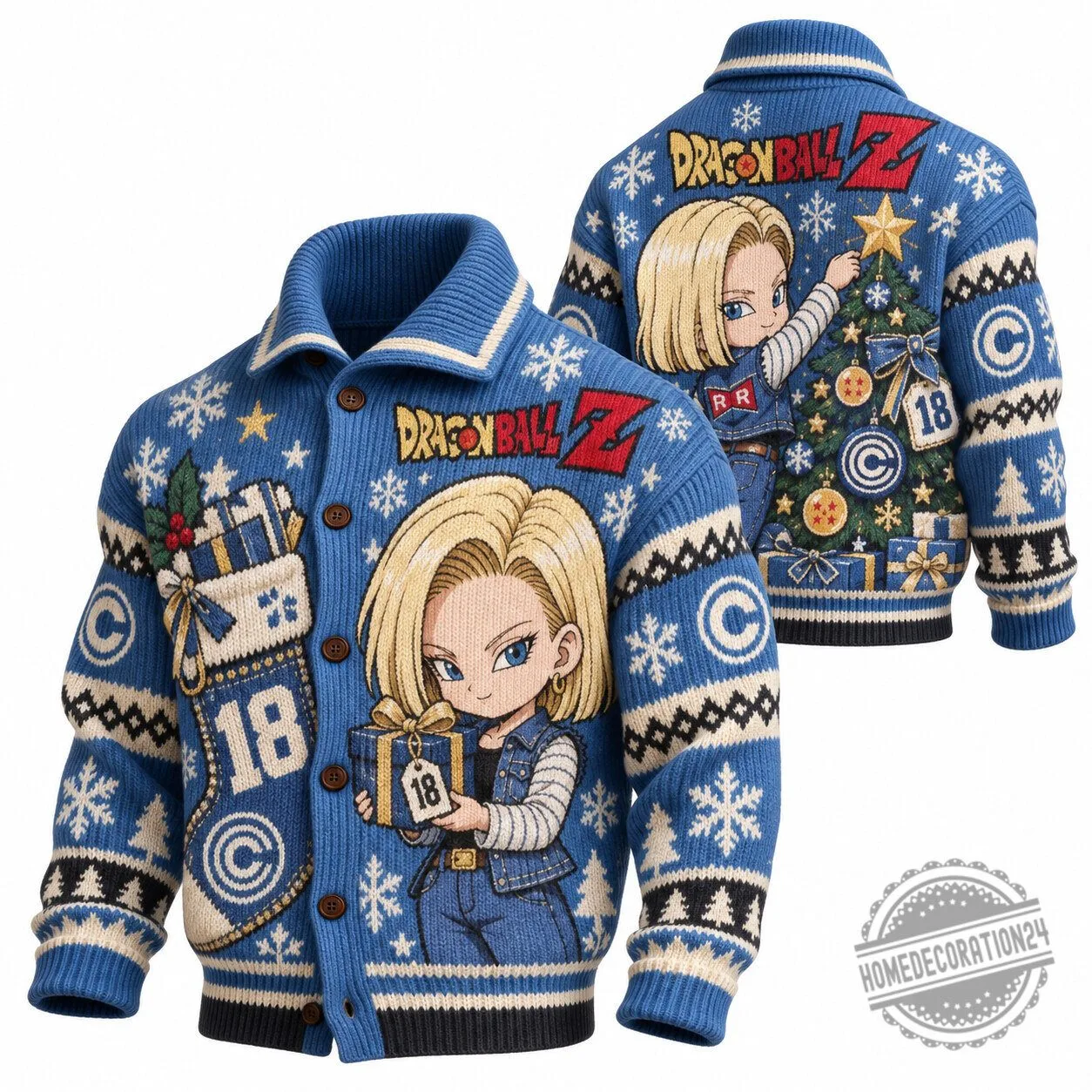 Dragon Ball Z Android 18 Christmas Holiday Ugly Sweater Cardigan