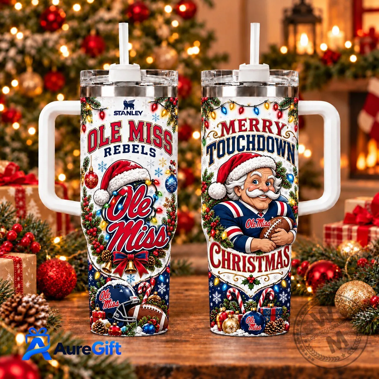 Stainless Steel Tumbler for Christmas Holidays featuring Ole Miss Rebels Merry Touchdown Design