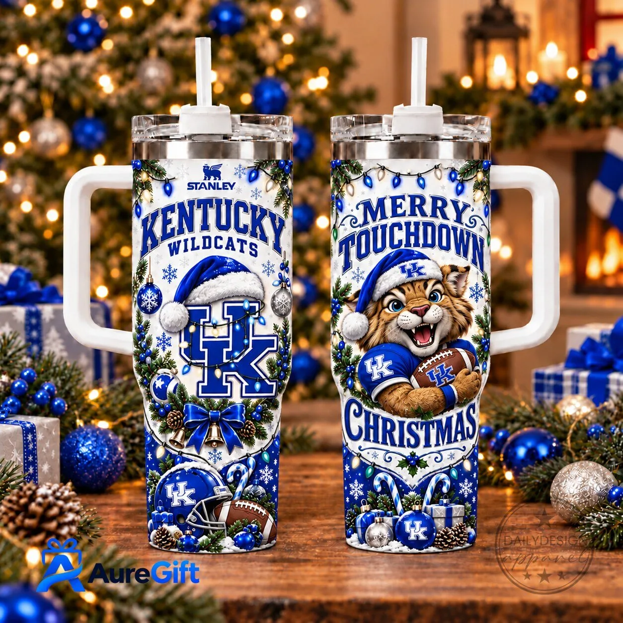 Christmas Holiday Stainless Steel Tumbler - Kentucky Wildcats Merry Touchdown Design