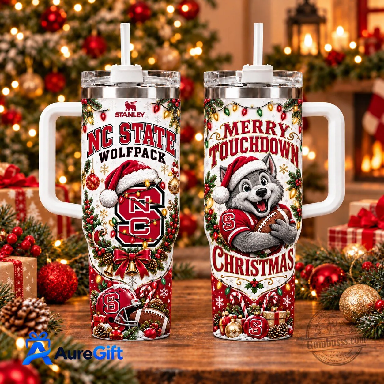 NC State Wolfpack Christmas Holiday Stainless Steel Insulated Tumbler with Handle