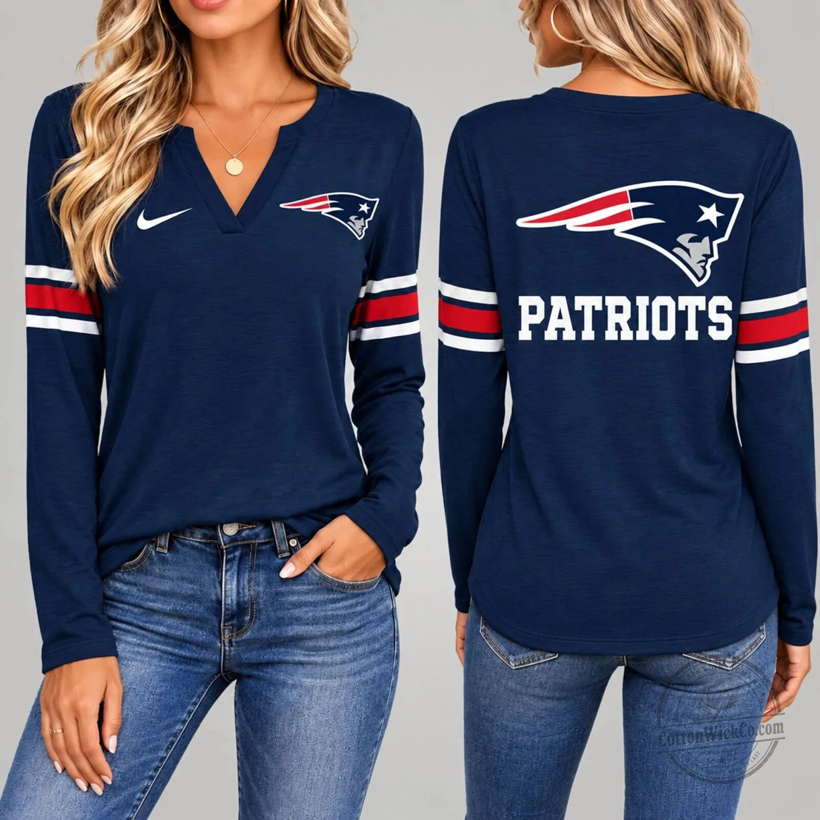 New England Patriots Women's V-Neck Long Sleeve Football Fan Shirt