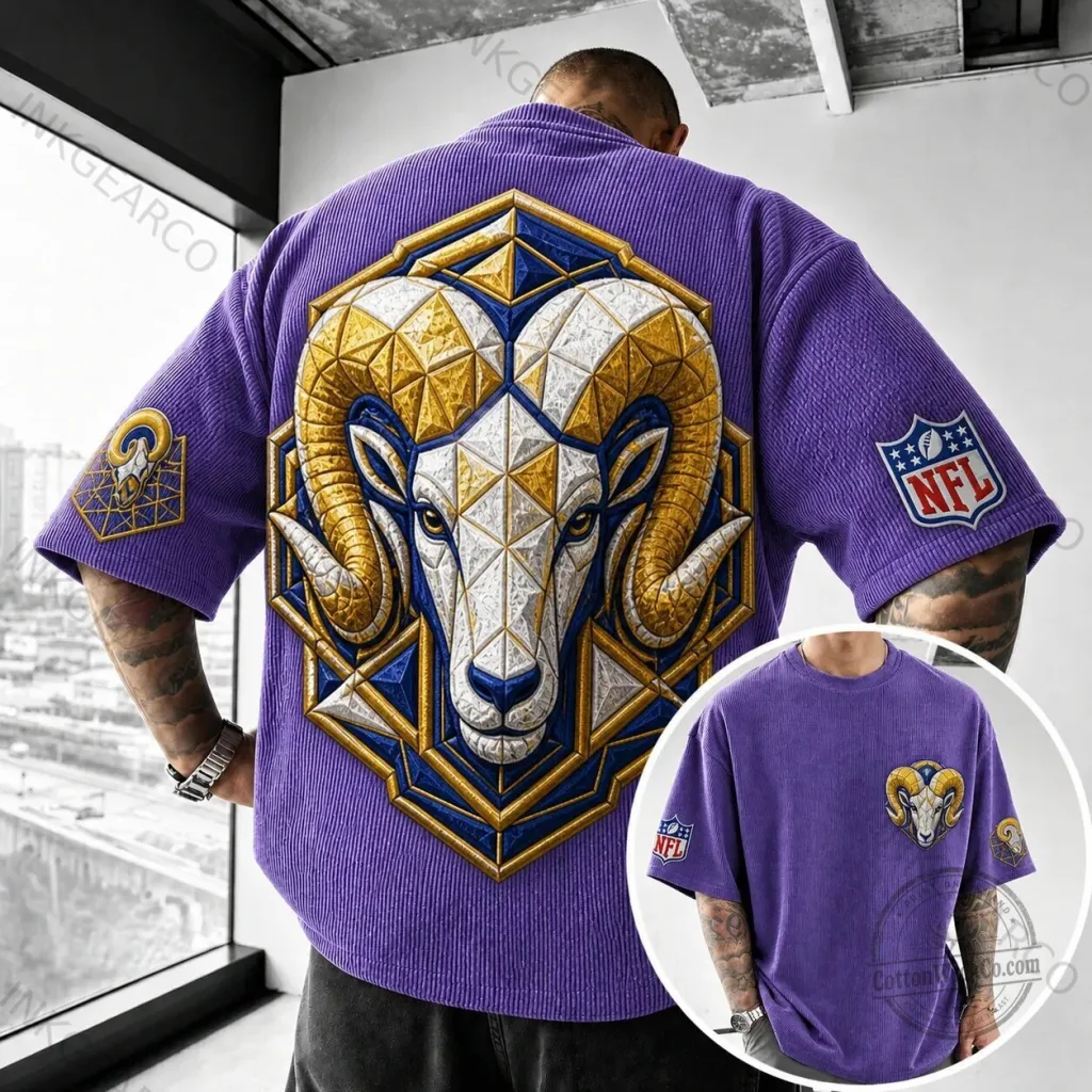 Corduroy Short Sleeve T-Shirt featuring Los Angeles Rams NFL Team Logo Corduroy Short Sleeve T-Shirt featuring Los Angeles Rams NFL Team Logo
