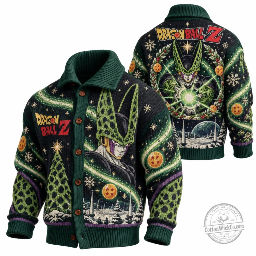 Dragon Ball Z Perfect Cell Ugly Christmas Sweater Knit Cardigan Dragon Ball Z Perfect Cell Ugly Christmas Sweater Knit Cardigan