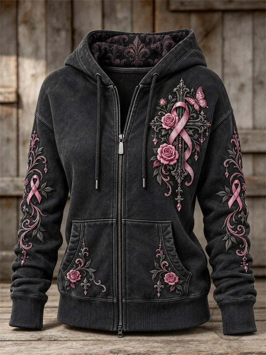 Breast Cancer Awareness Pink Ribbon Roses Butterfly Gothic Full-Zip Hoodie