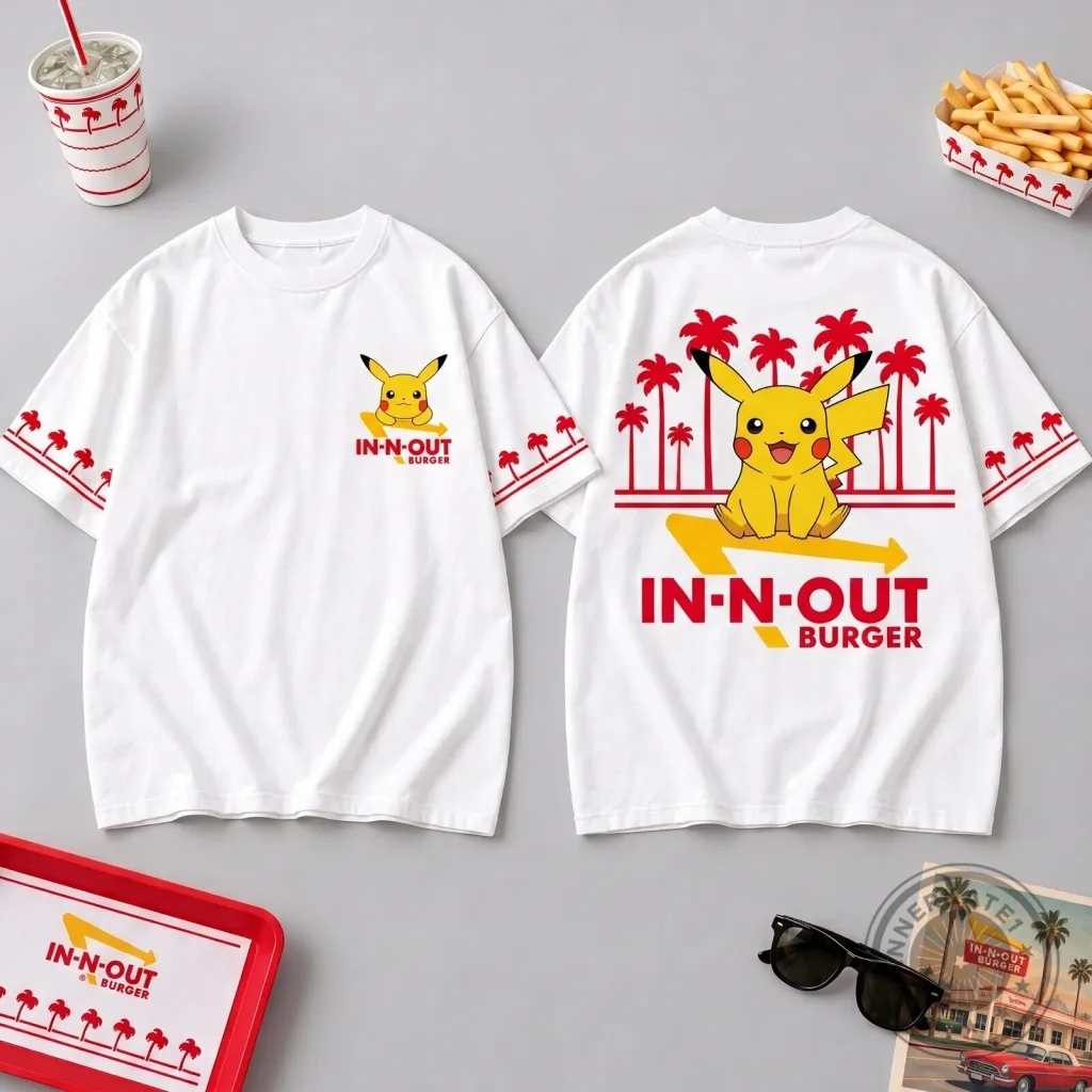 Pikachu In-N-Out Burger Palm Tree Graphic White Short Sleeve T-Shirt Pikachu In-N-Out Burger Palm Tree Graphic White Short Sleeve T-Shirt