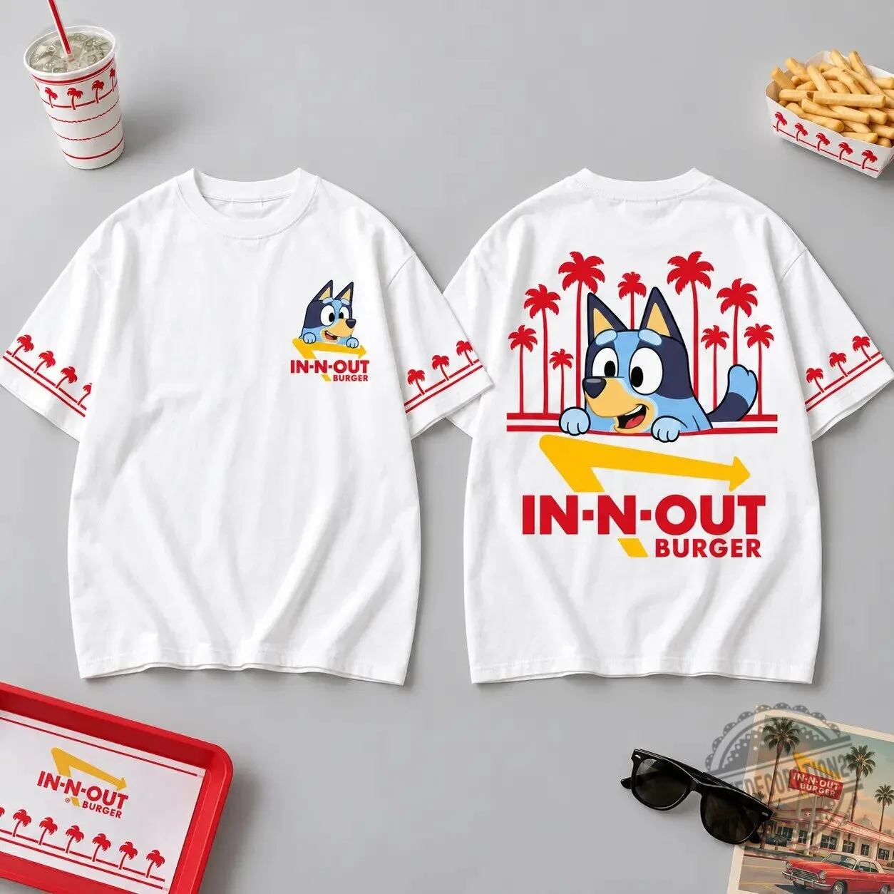 Bluey In-N-Out Burger Palm Tree Graphic White Short Sleeve T-Shirt
