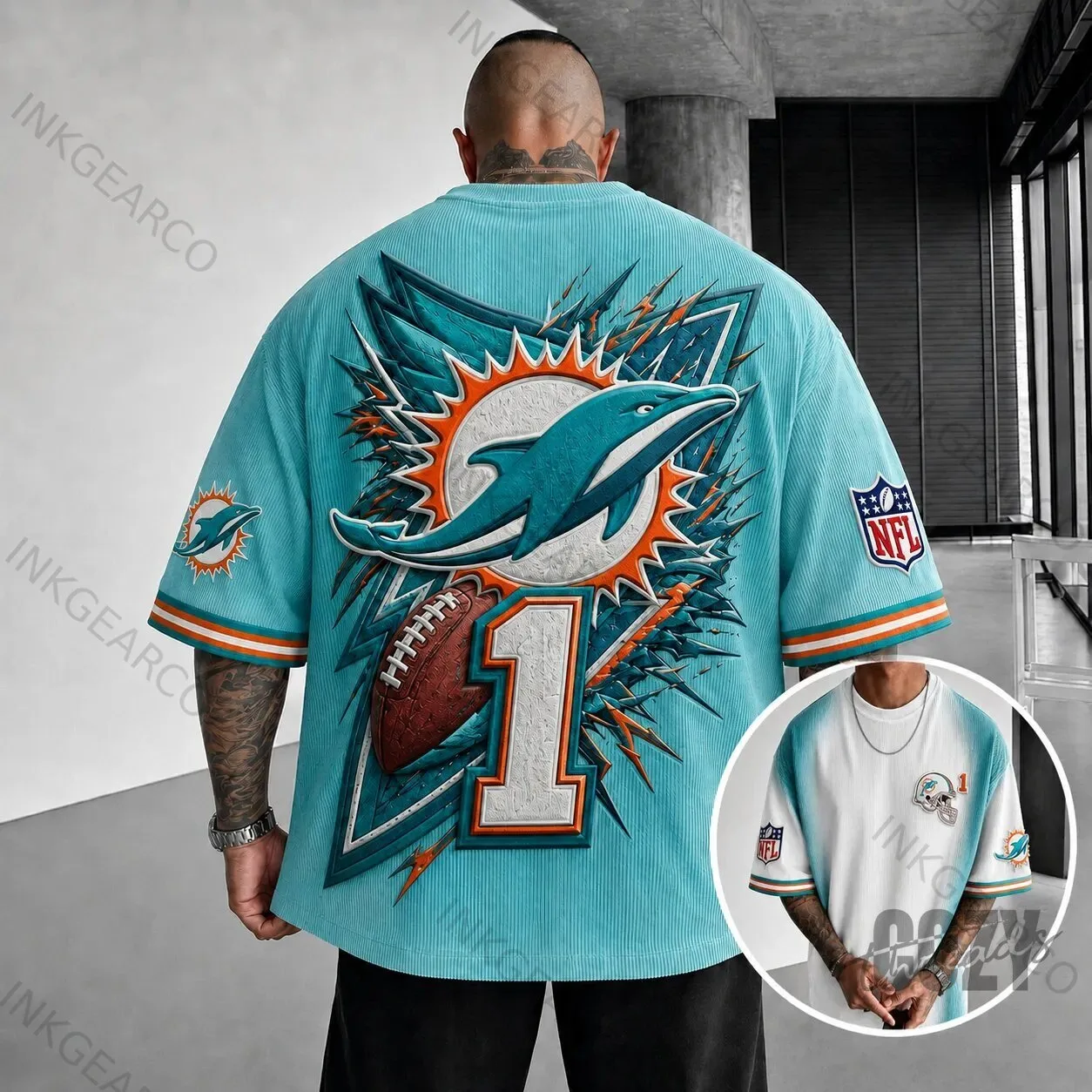 Miami Dolphins NFL Football Team Logo Number One Oversized T-Shirt