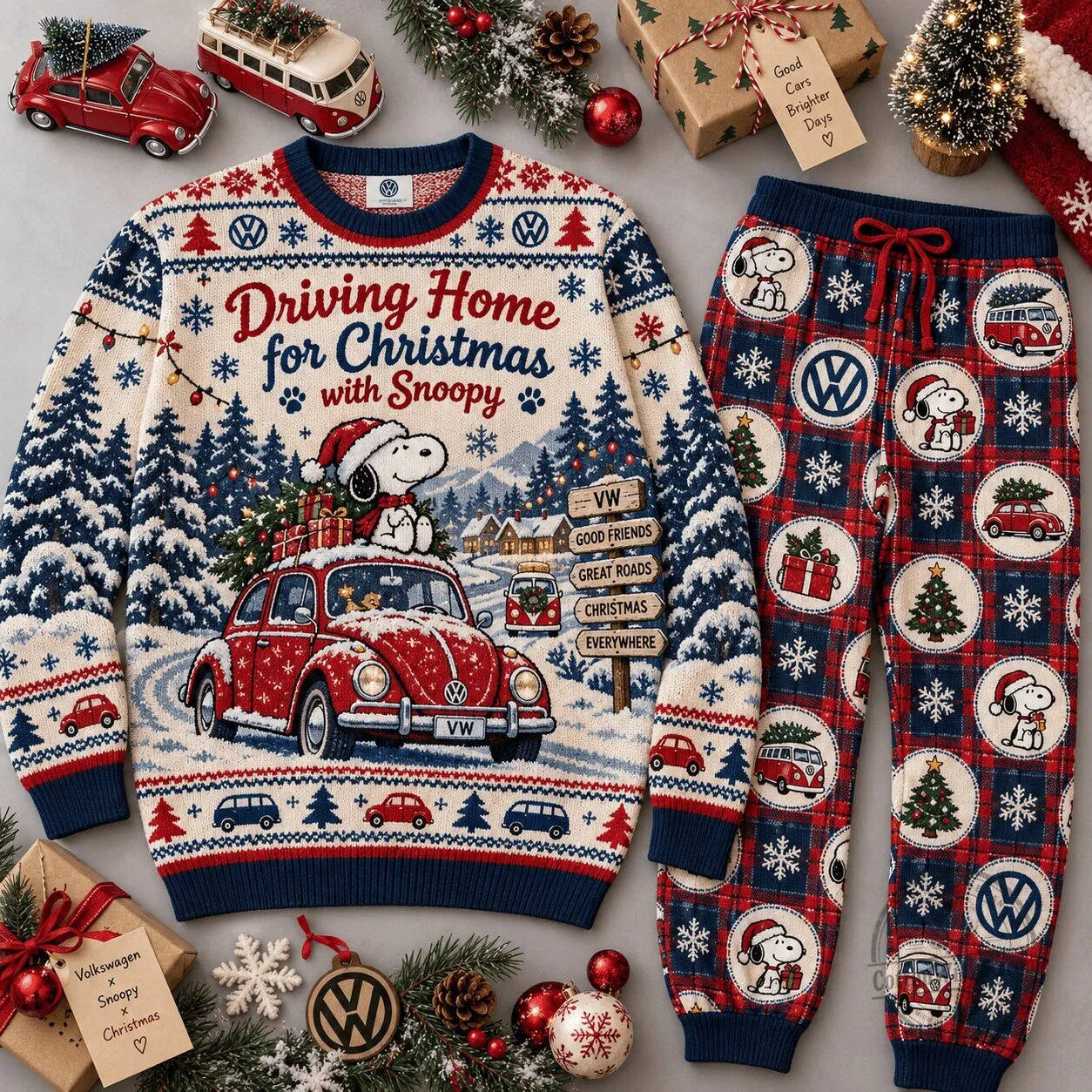 Volkswagen Snoopy Driving Home for Christmas Winter Holiday Sweater