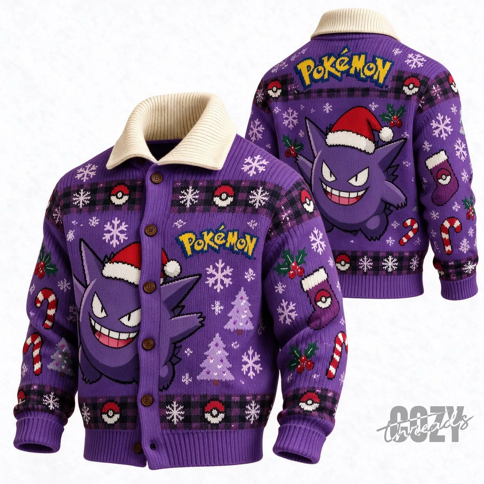 Pokemon Gengar Christmas Holiday Knit Cardigan Sweater with Button Front