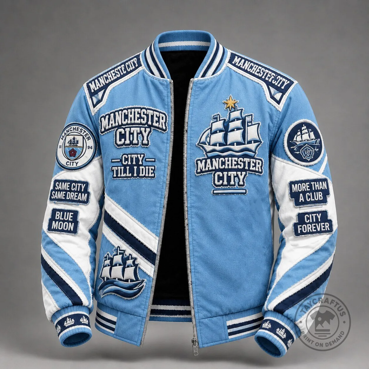 Men's Varsity Bomber Jacket in Sky Blue from Manchester City Football Club