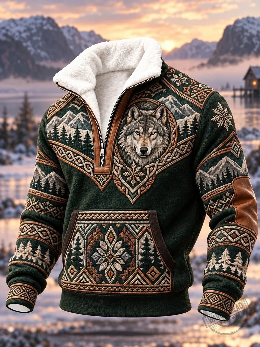 Nordic Forest Wolf Mountain Pattern Fleece-Lined Half-Zip Sweatshirt 1 Nordic Forest Wolf Mountain Pattern Fleece-Lined Half-Zip Sweatshirt