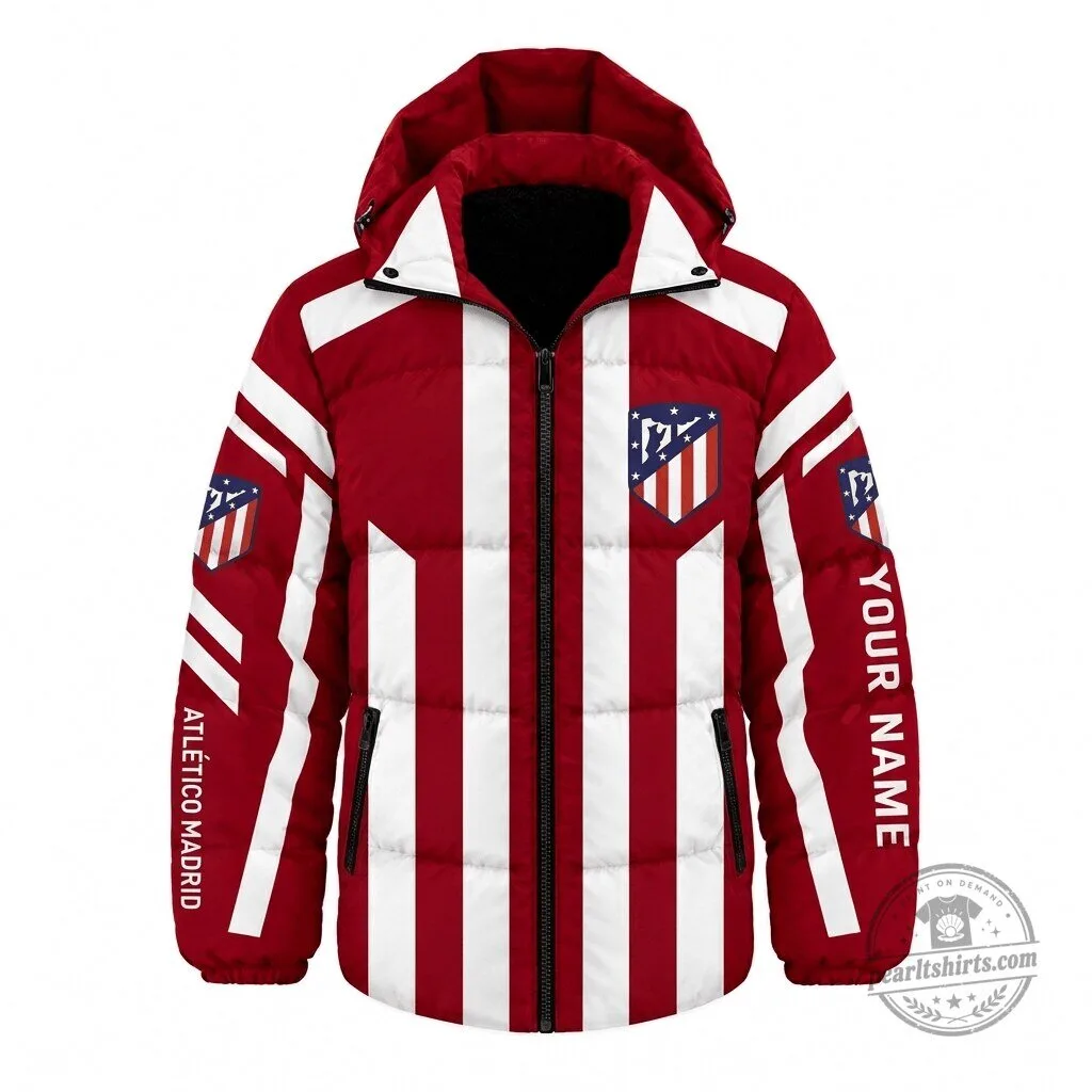Atletico Madrid La Liga Red and White Striped Custom Name Puffer Jacket