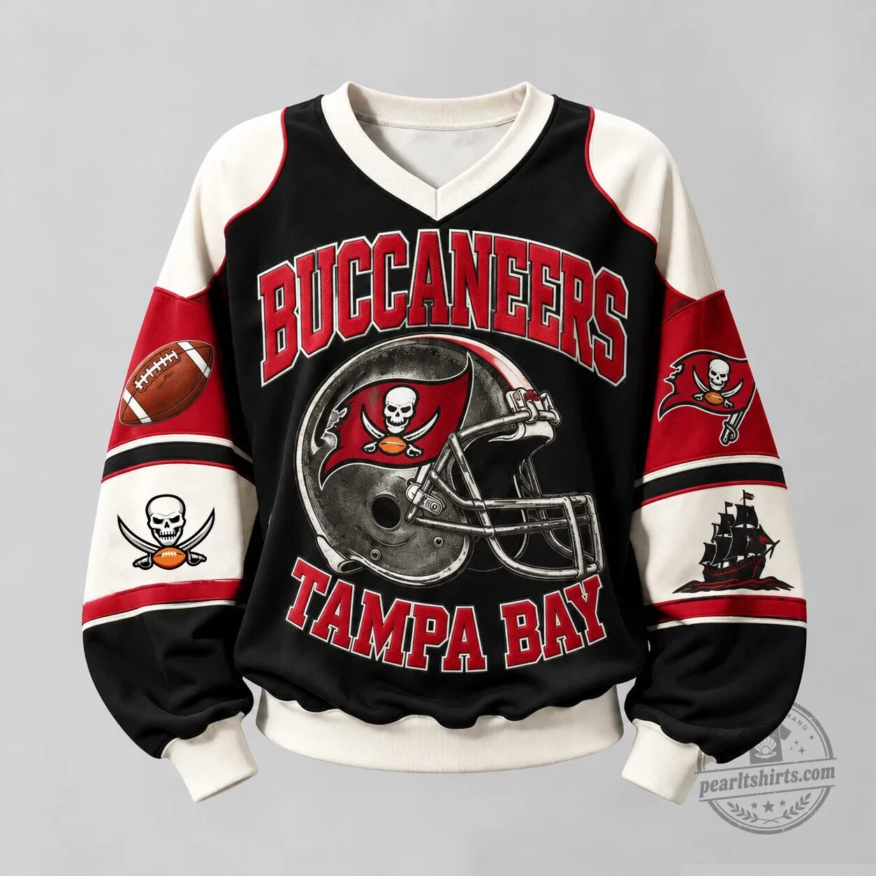 Tampa Bay Buccaneers Football Helmet and Pirate Ship Design Sweatshirt