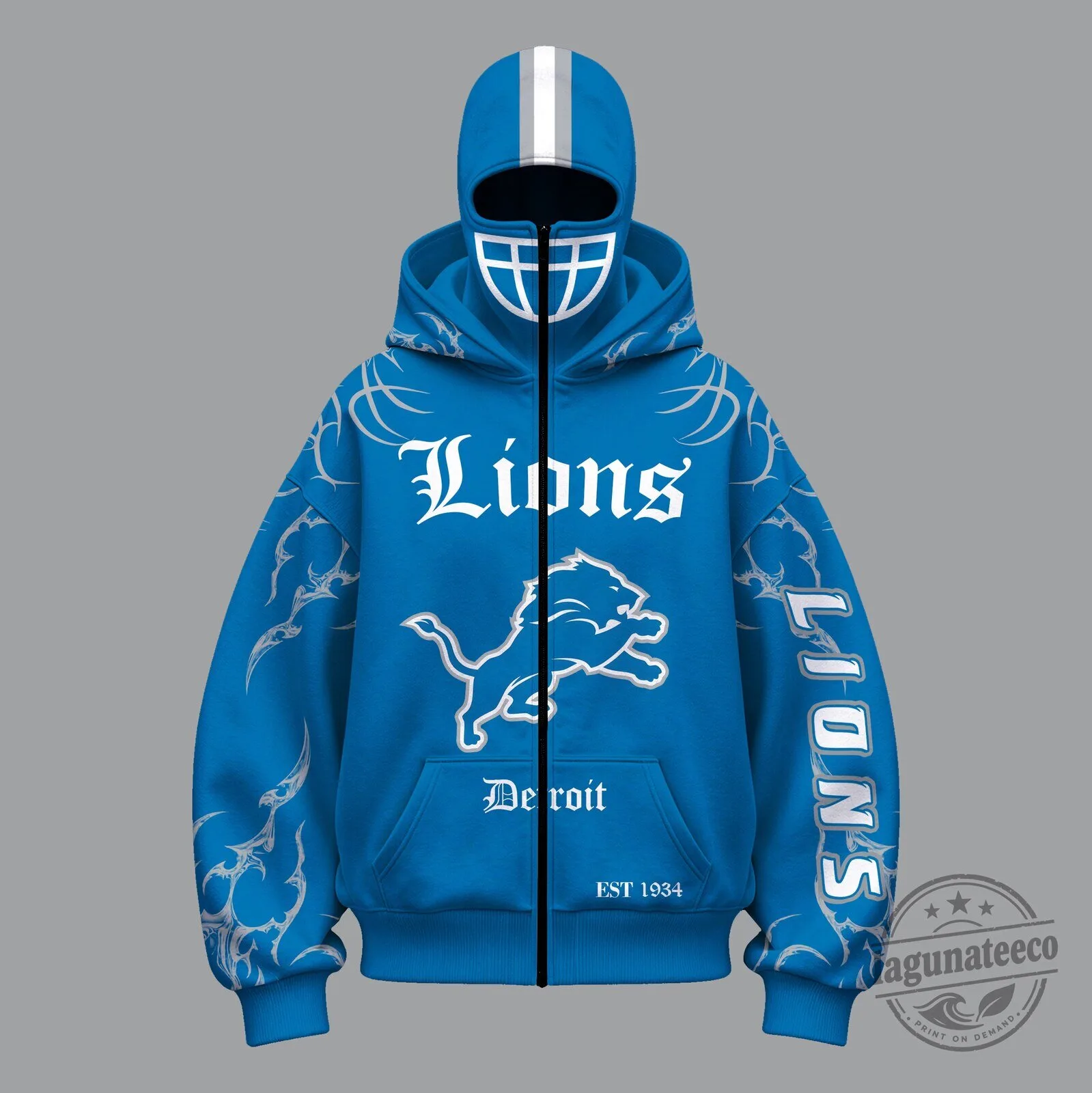 Detroit Lions Football Team Blue Full-Zip Hooded Sweatshirt with Helmet Mask