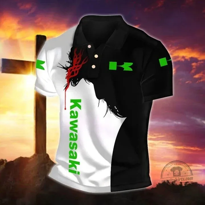 Kawasaki Motorcycle Racing Team Black and White Split Design Polo Shirt