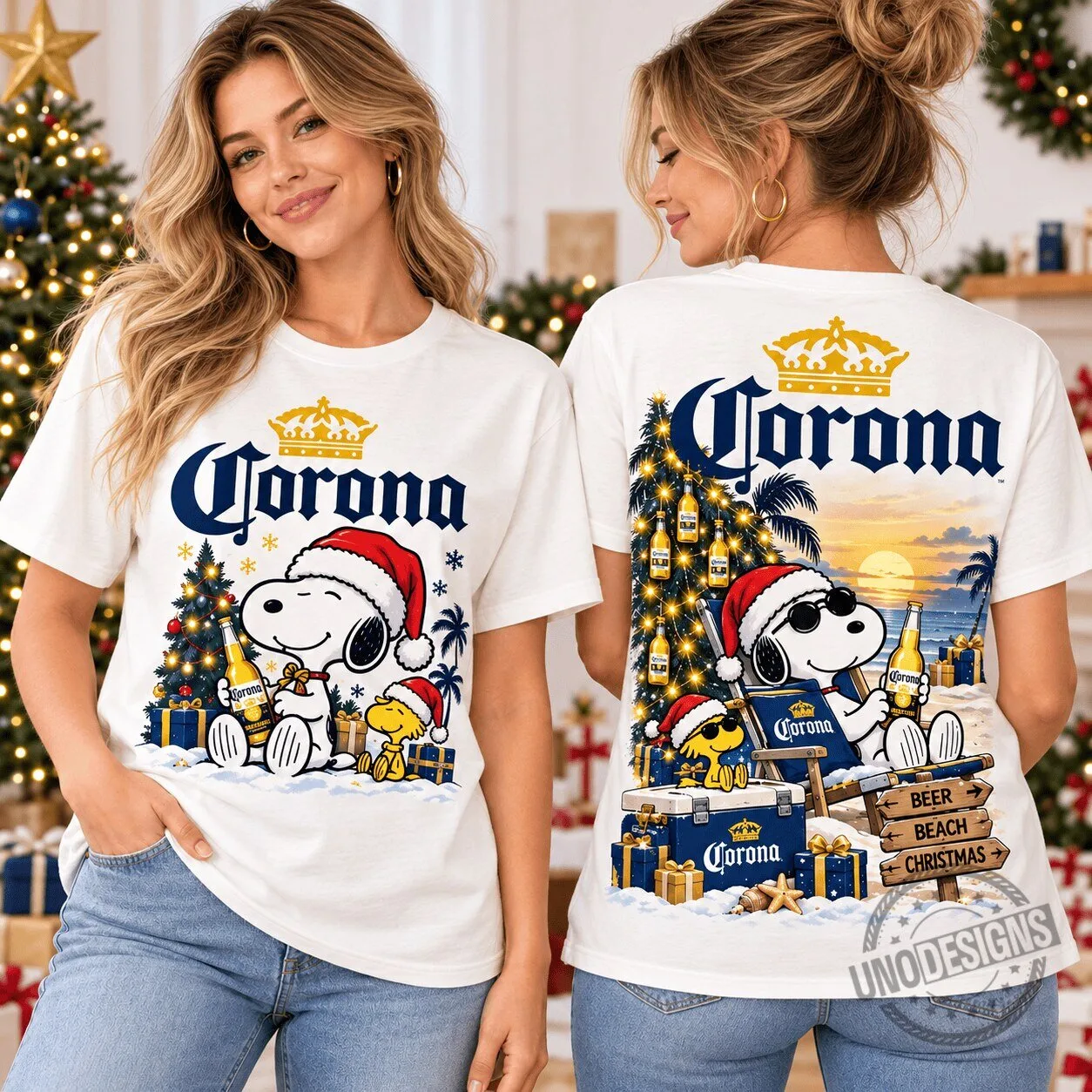 Corona Beer Snoopy and Woodstock Christmas Holiday White T-Shirt