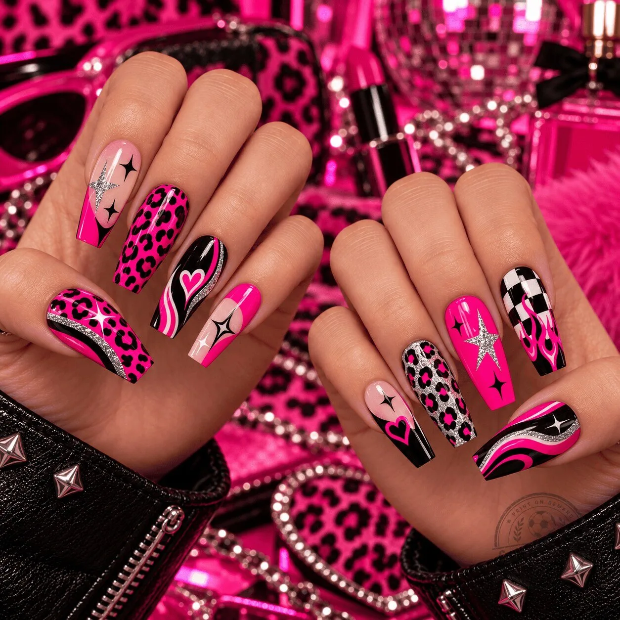 Hot Pink Leopard Print Y2K Glamour Press-On Nails Set with Glitter and Hearts