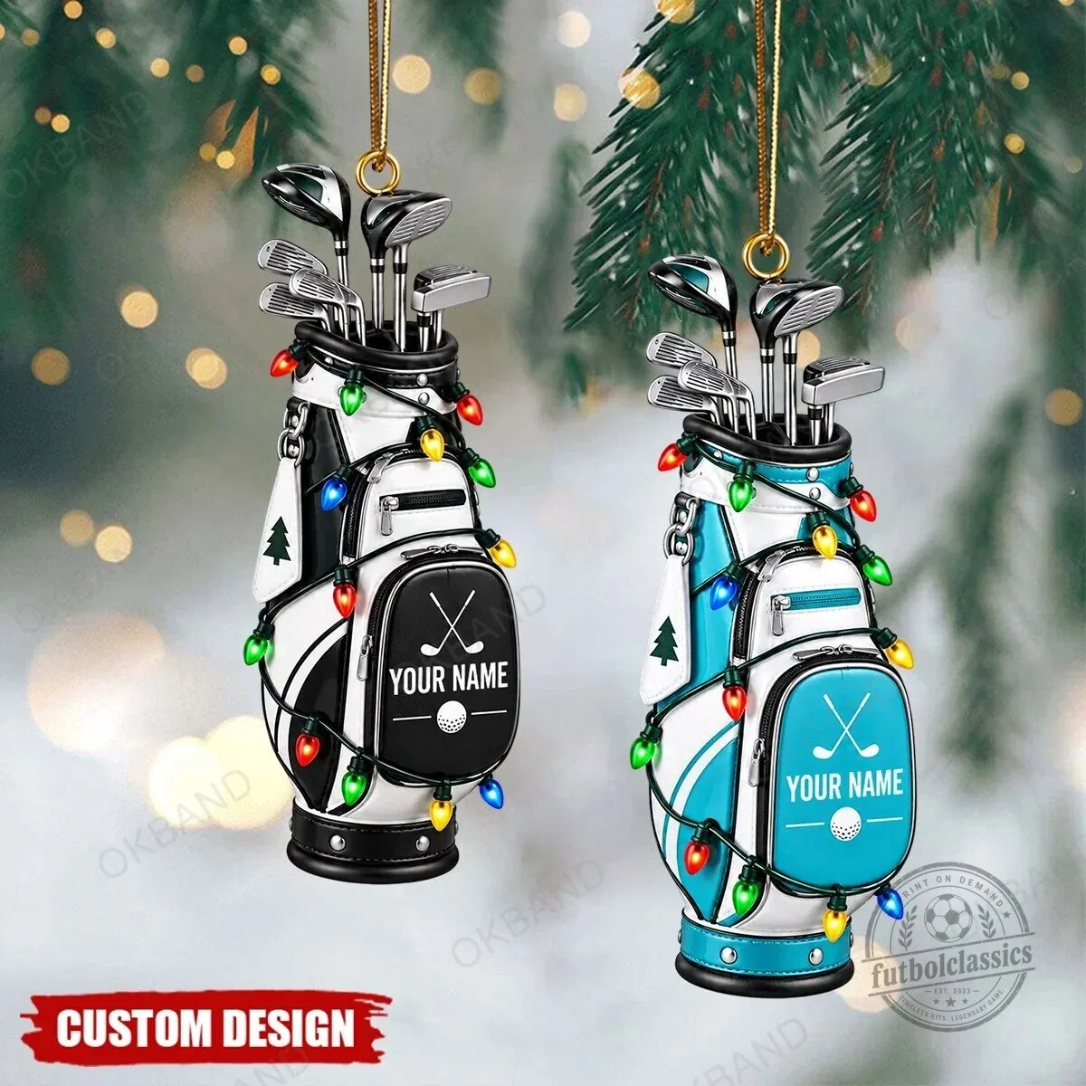 Personalized Golf Bag Christmas Tree Ornament with Fairy Lights Custom Name