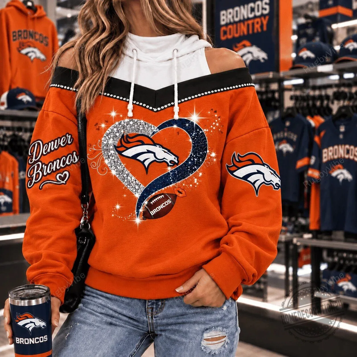 Denver Broncos Football Team Heart Glitter Design Women's Hoodie
