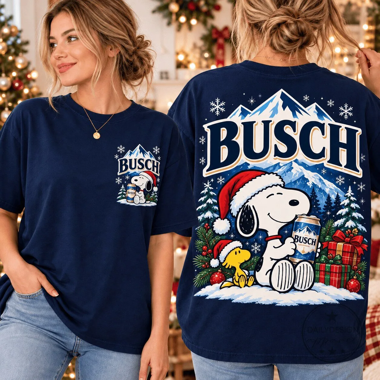 Busch Beer Snoopy Christmas Holiday Mountain Scene Graphic T-Shirt