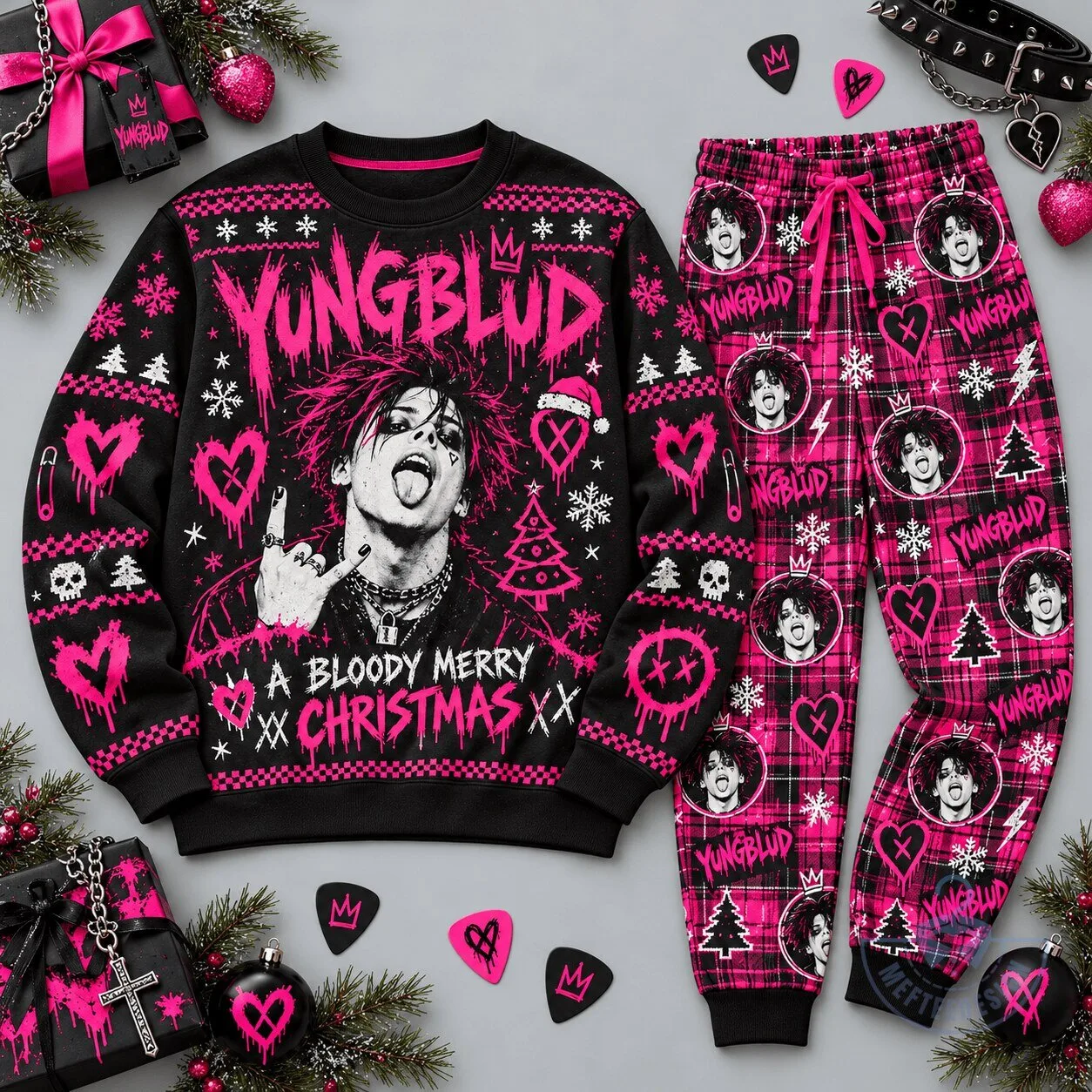 Yungblud A Bloody Merry Christmas Pink Hearts Black Holiday Sweatshirt and Jogger Pants
