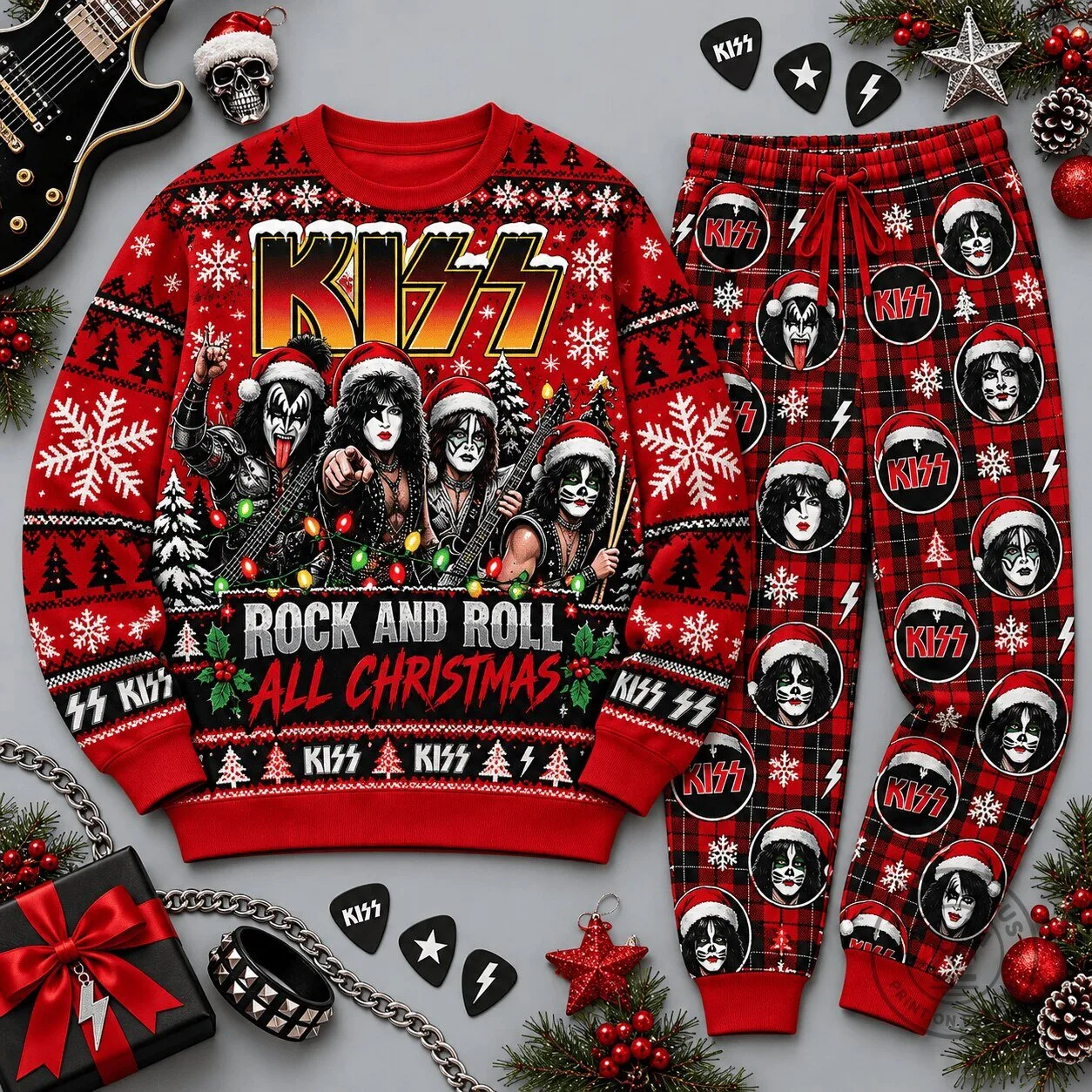 KISS Rock and Roll All Christmas Ugly Sweater and Plaid Jogger Pants Set