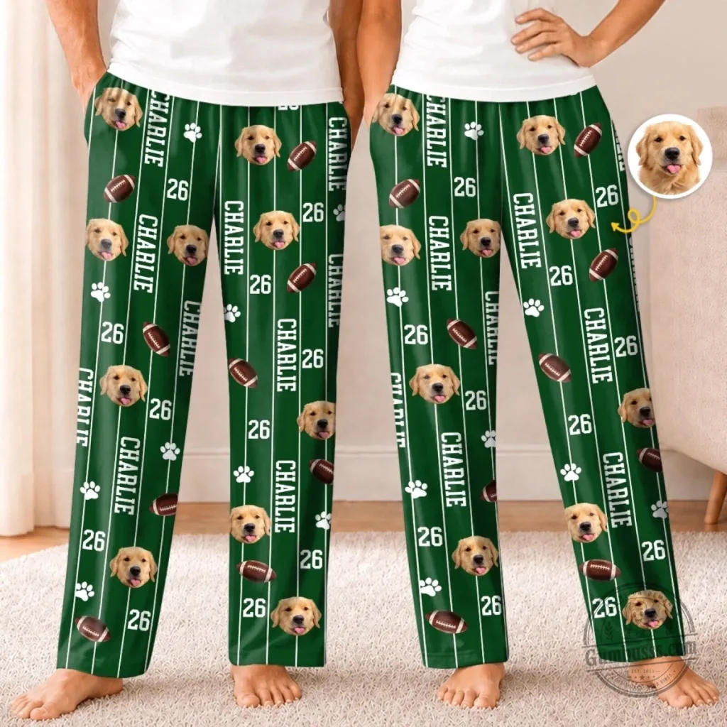 Personalized Pet Photo Football Field Green Custom Pajamas Pants Personalized Pet Photo Football Field Green Custom Pajamas Pants