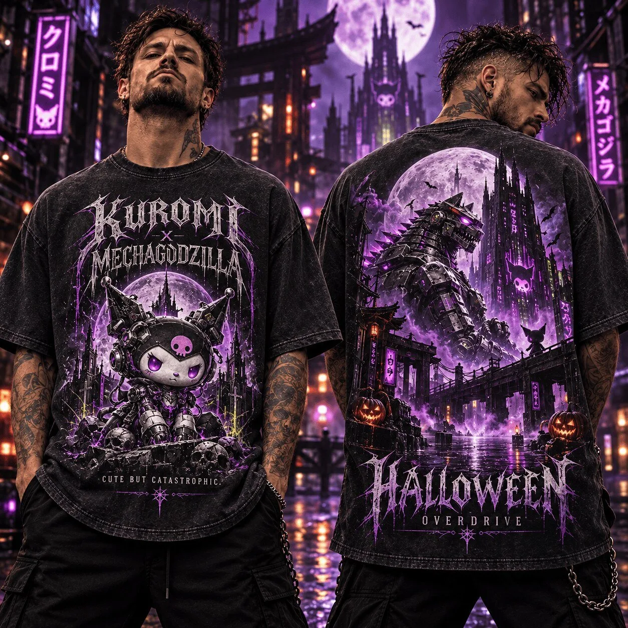 Kuromi Mechagodzilla Halloween Overdrive Gothic Cyberpunk Purple Moon T-Shirt