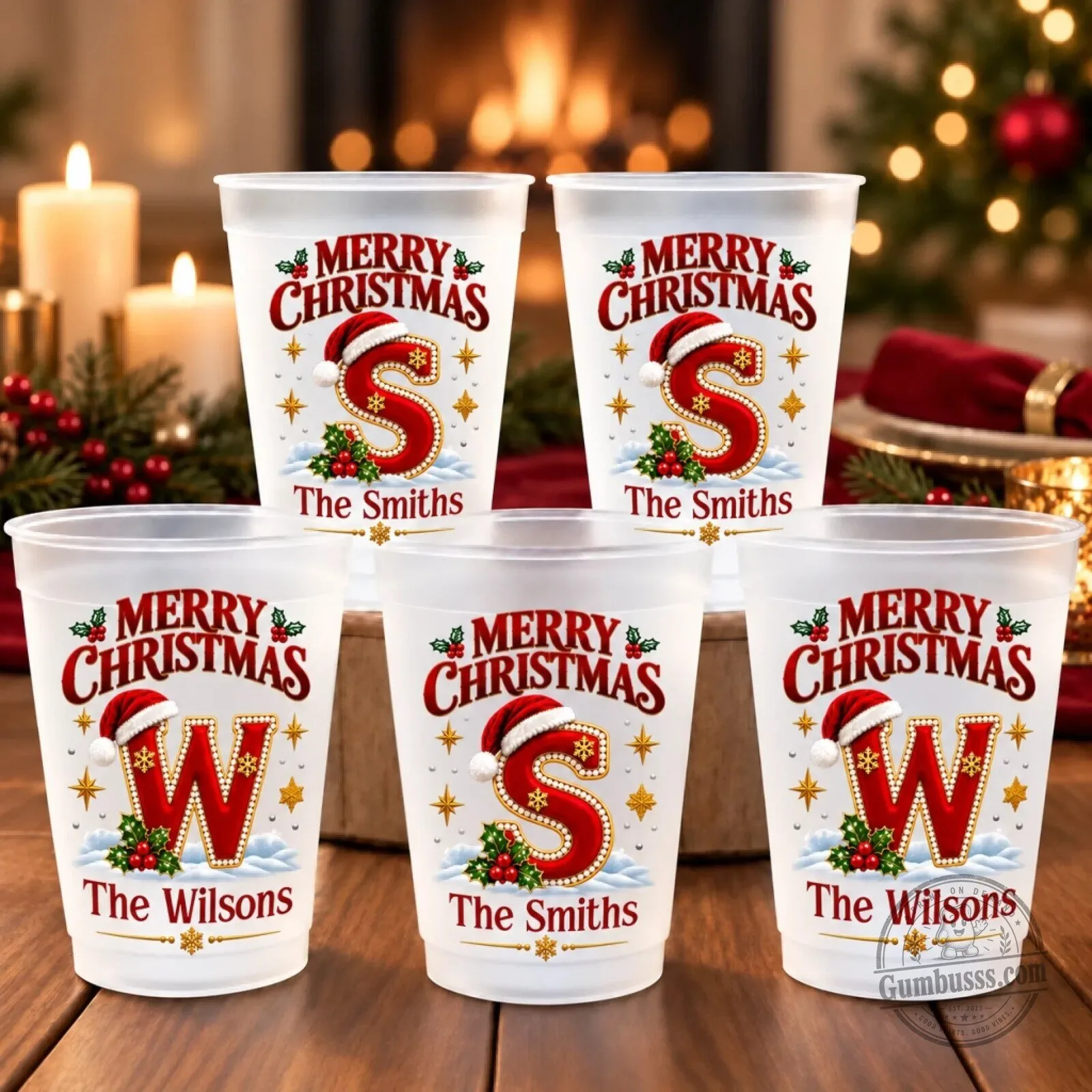 Personalized Merry Christmas Monogram Family Name Frosted Plastic Drinking Cup