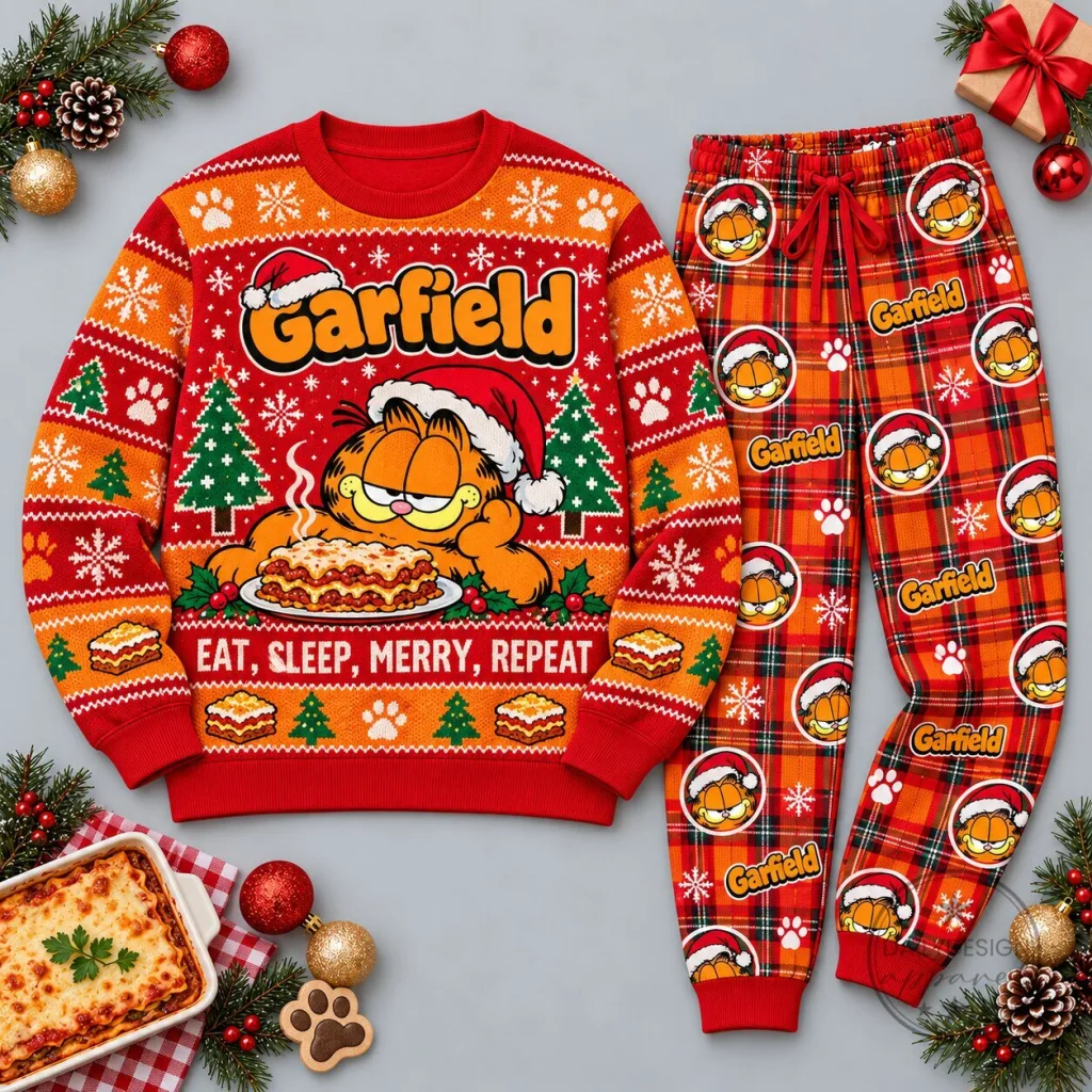 Garfield Christmas Eat Sleep Merry Repeat Holiday Crewneck Sweatshirt and Joggers Set Garfield Christmas Eat Sleep Merry Repeat Holiday Crewneck Sweatshirt and Joggers Set
