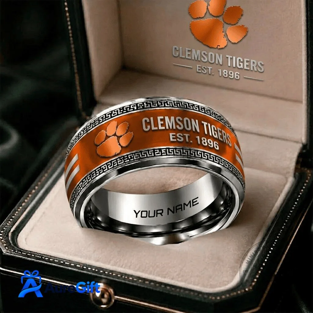 Clemson Tigers Personalized Engraved Stainless Steel Ring with Paw Print Design