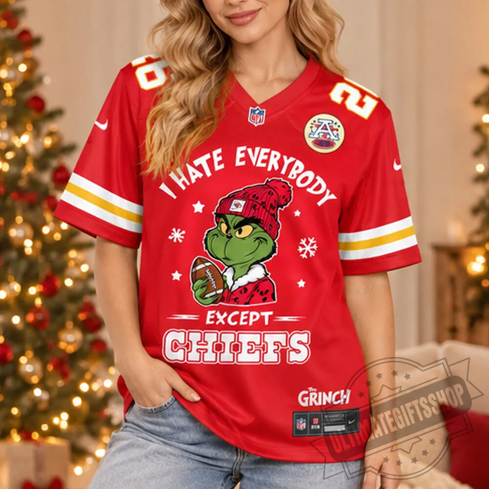 Kansas City Chiefs The Grinch I Hate Everybody Except Chiefs Custom Football Jersey